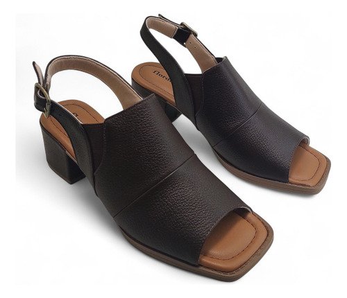 Sandalia Feminina Couro Legitimo Salto Grosso Confort Marrom Escuro 2