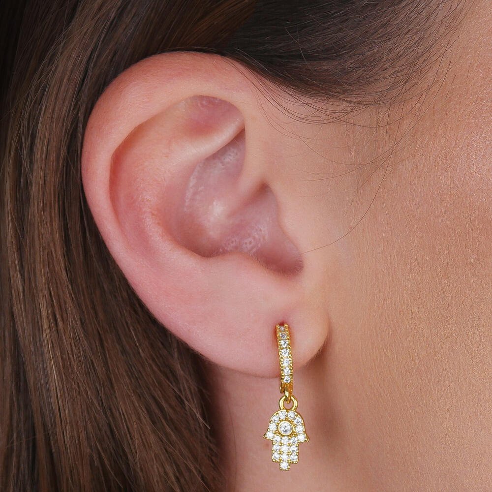 Brinco Dourado Argolinha Mãos de Fátima Cravejado Zircônia Dourado 2