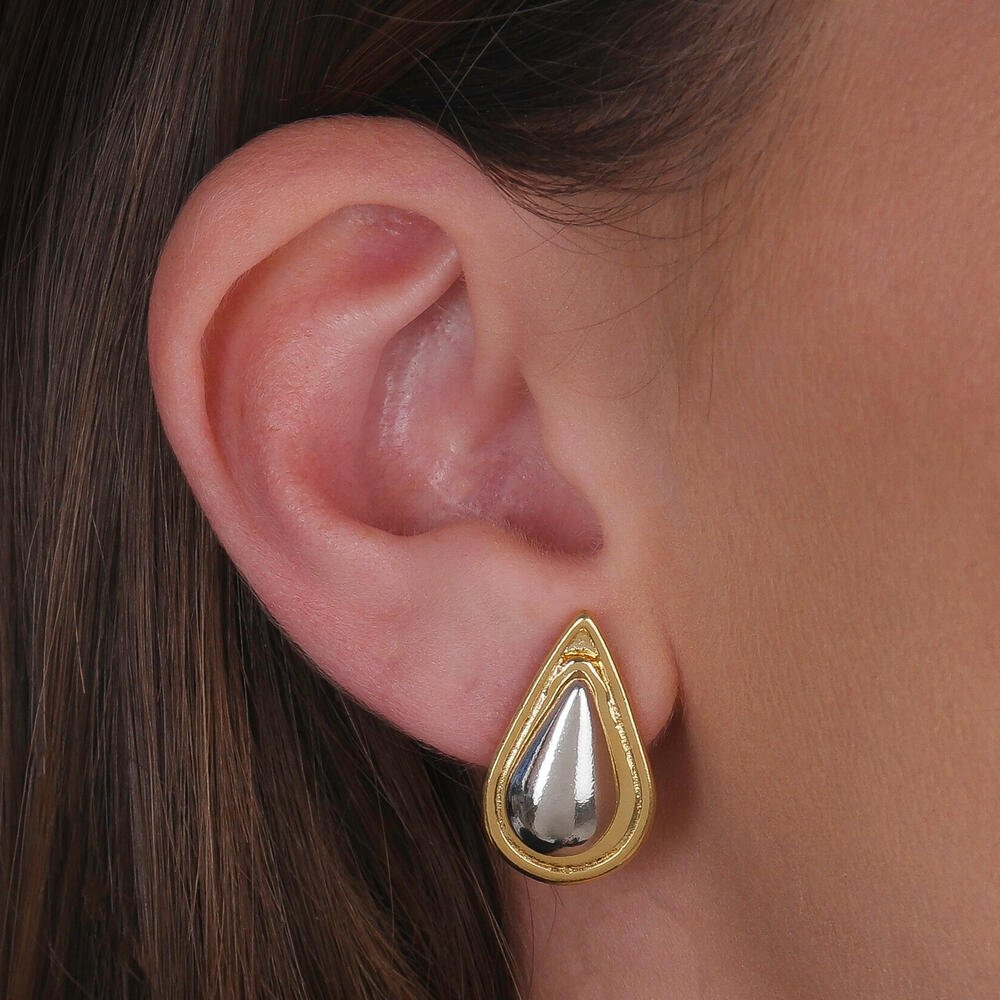 Brinco Dourado e Prateado Formato Gota Dourado 2