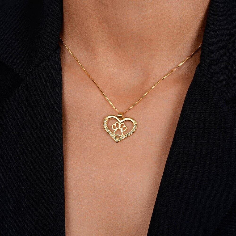 Colar Dourado Chocker de Coração e Pata Pet Zircônia Dourado 2