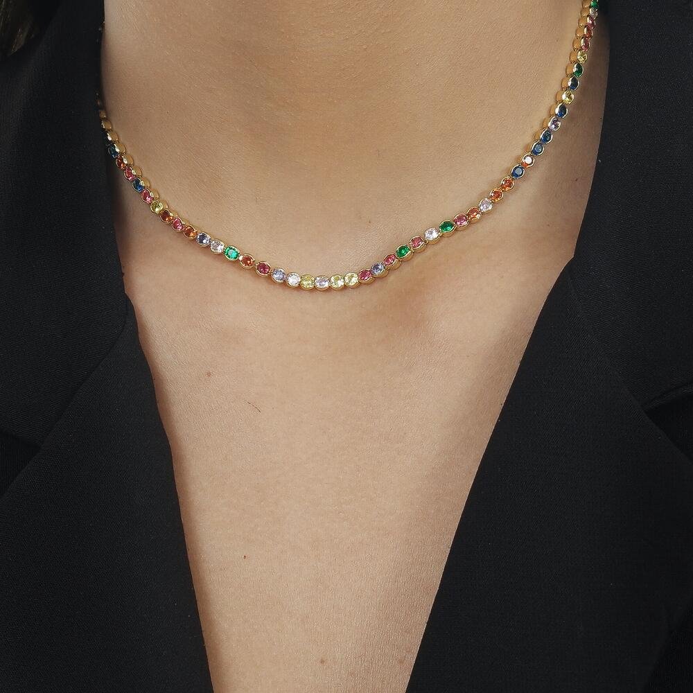 Colar Dourado Chocker Riviera Pedras Coloridas Dourado 2