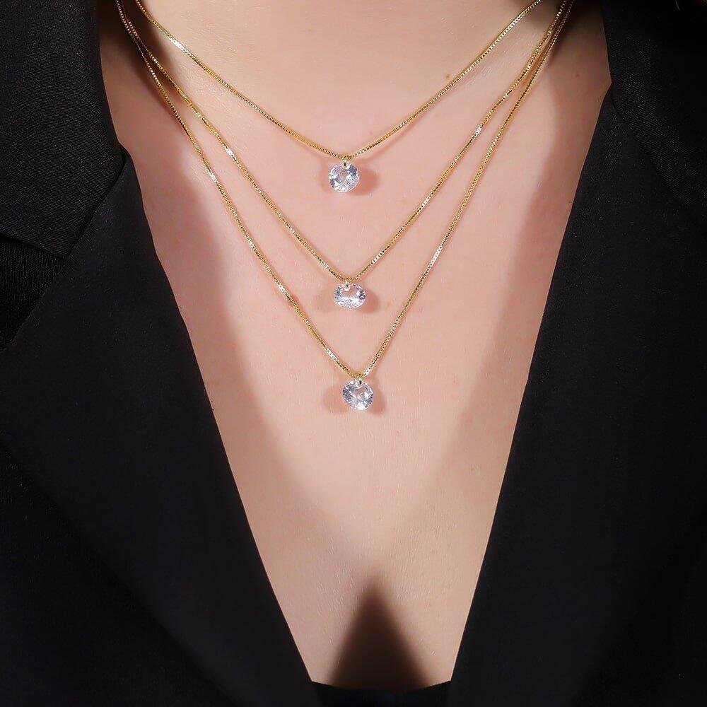 Colar Dourado Triplo 3 Pontos de Luz em Zircônia Dourado 2