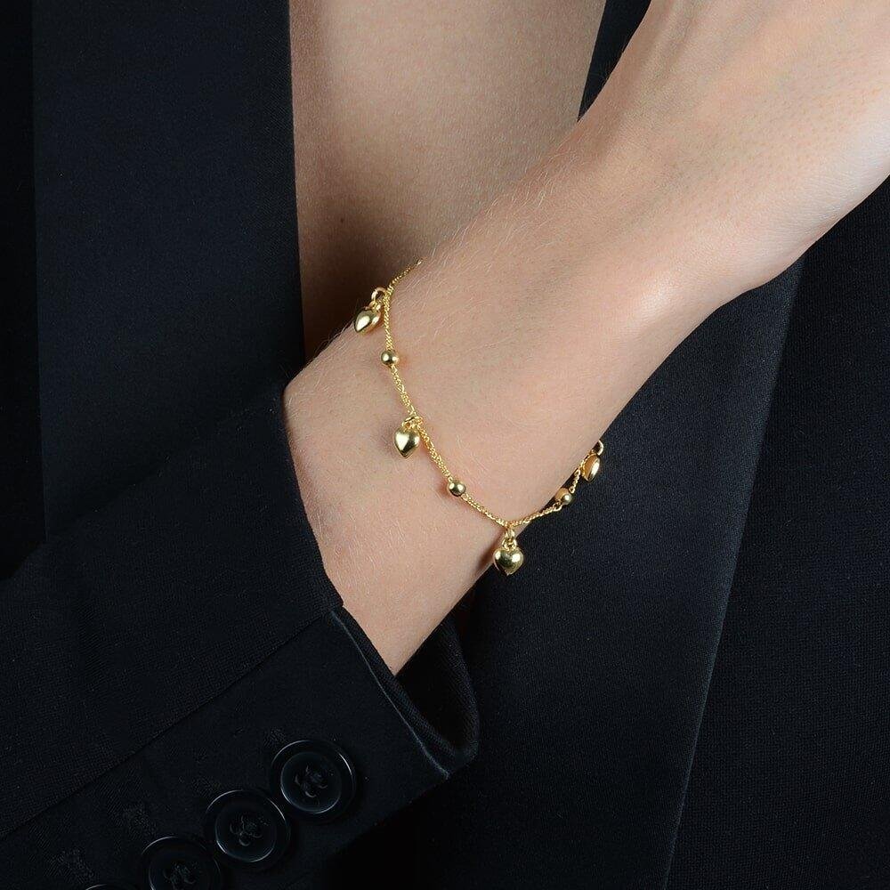 Pulseira Dourada com Pingentes de Coração e Esferas Dourado 2