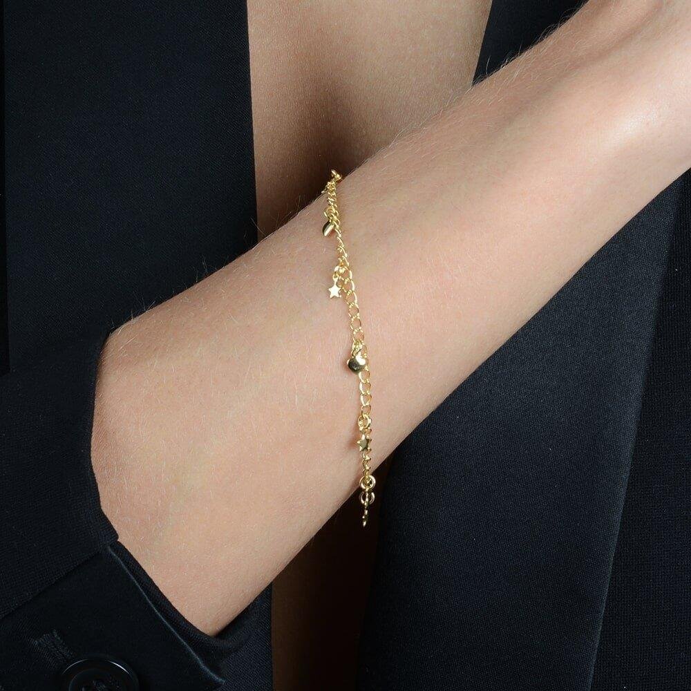 Pulseira Dourada com Pingentes de Coração e Estrela Dourado 2