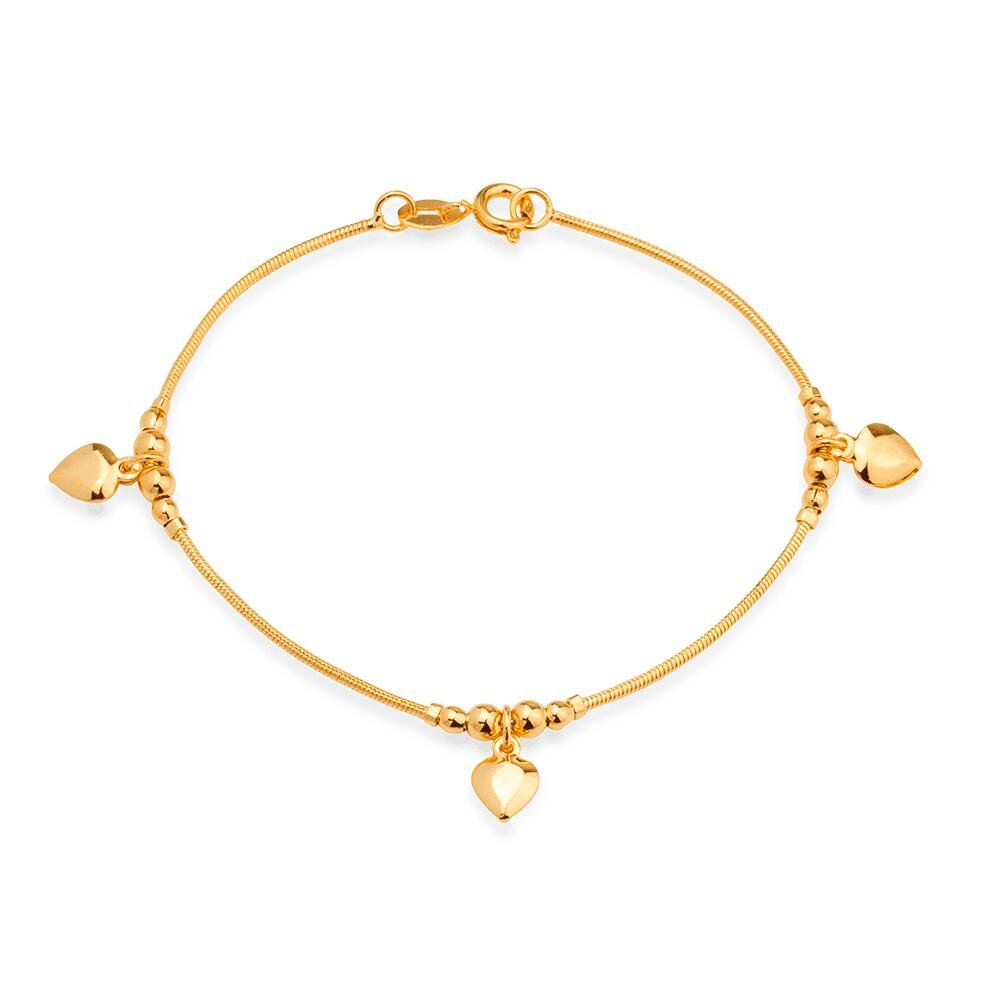 Pulseira Dourada Lisa com 3 Pingentes de Coração