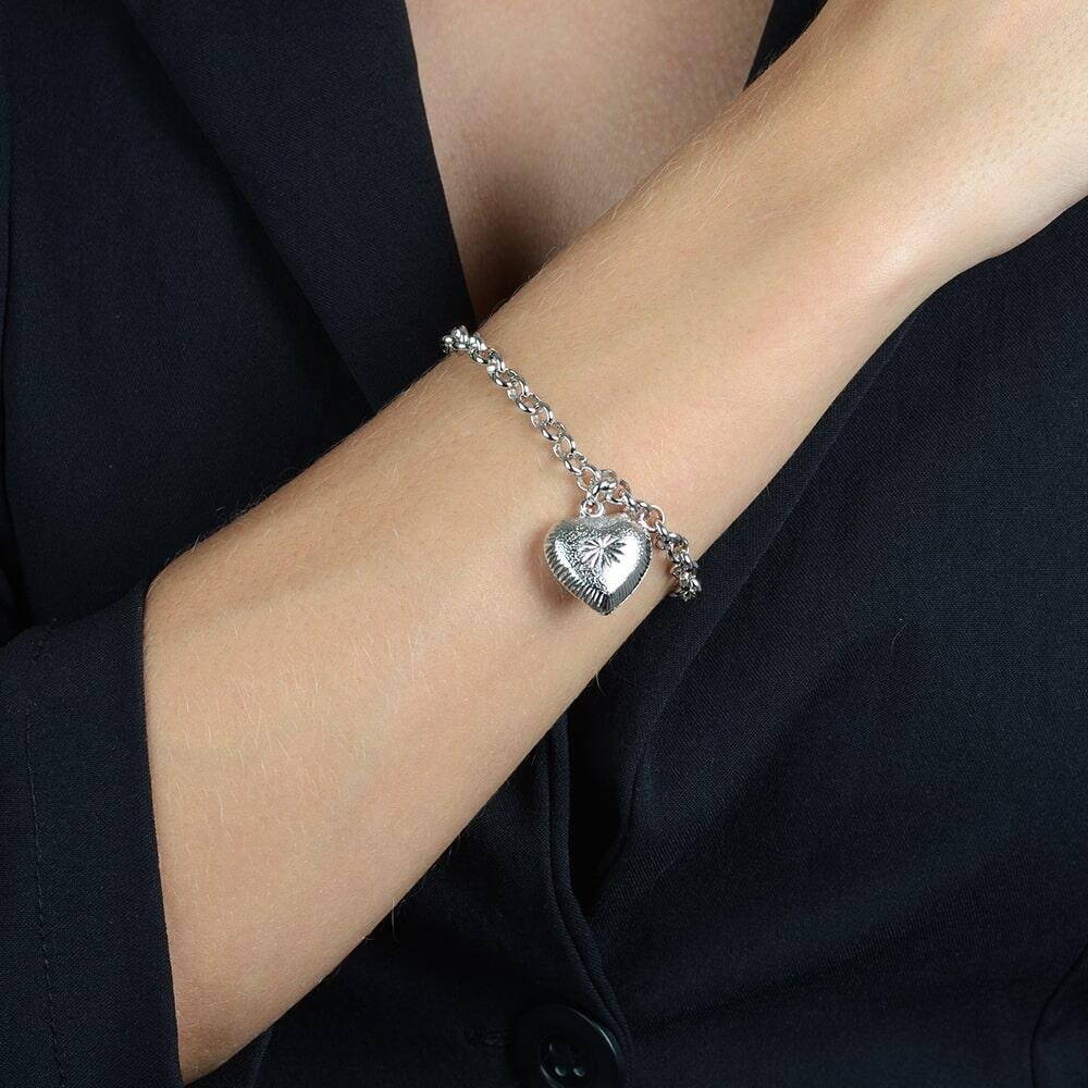 Pulseira Prateada Elo Português com Coração Prata 2