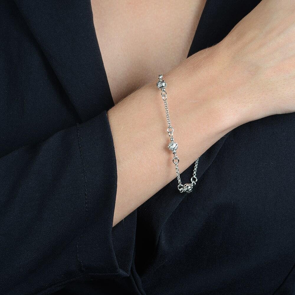 Pulseira Prateada Elo Português com Esferas Prata 2