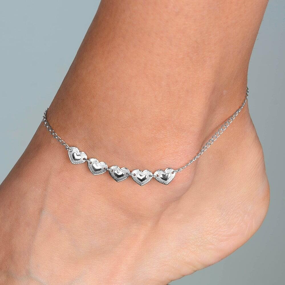 Tornozeleira Prateada 5 Corações Prata 2