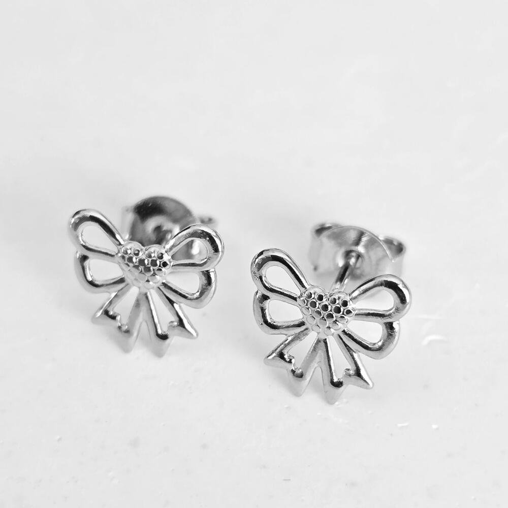 Brinco De Laço Feminino Aço Inoxidável Elegante Delicado Prata 5