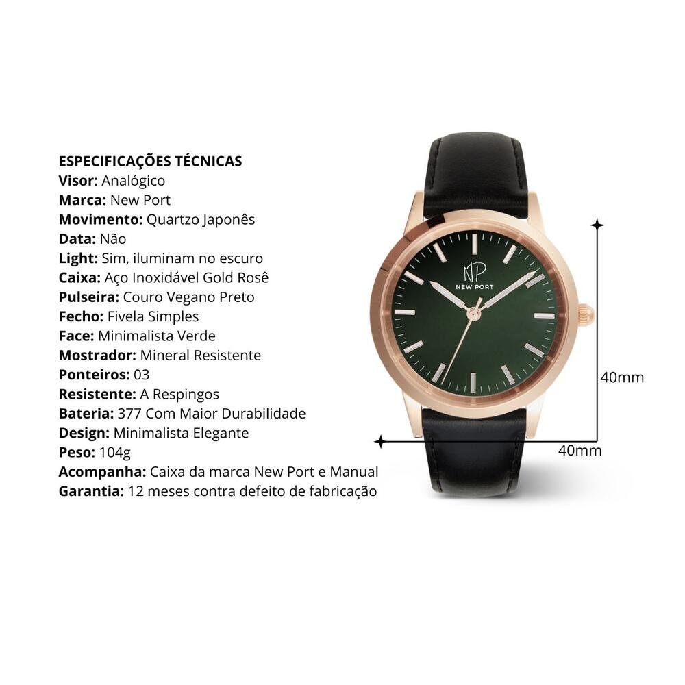 Relógio de Luxo Feminino Clássico Analógico Casual New Port Preto 3