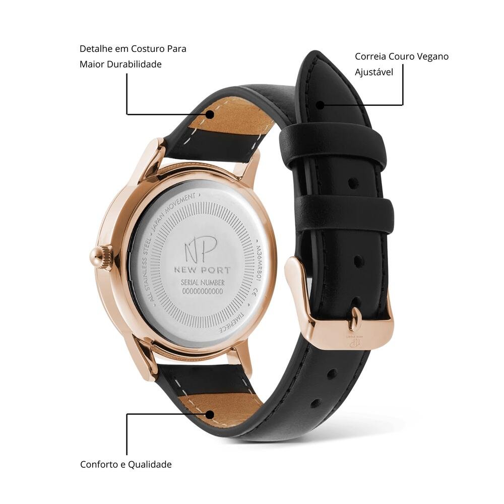 Relógio de Luxo Feminino Clássico Analógico Casual New Port Preto 5