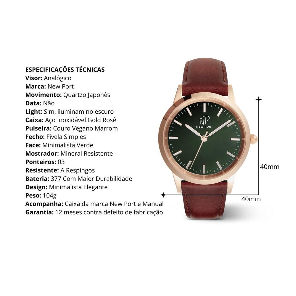 Relógio de Luxo Feminino Couro Marrom Casual New Port 40mm Dourado 3