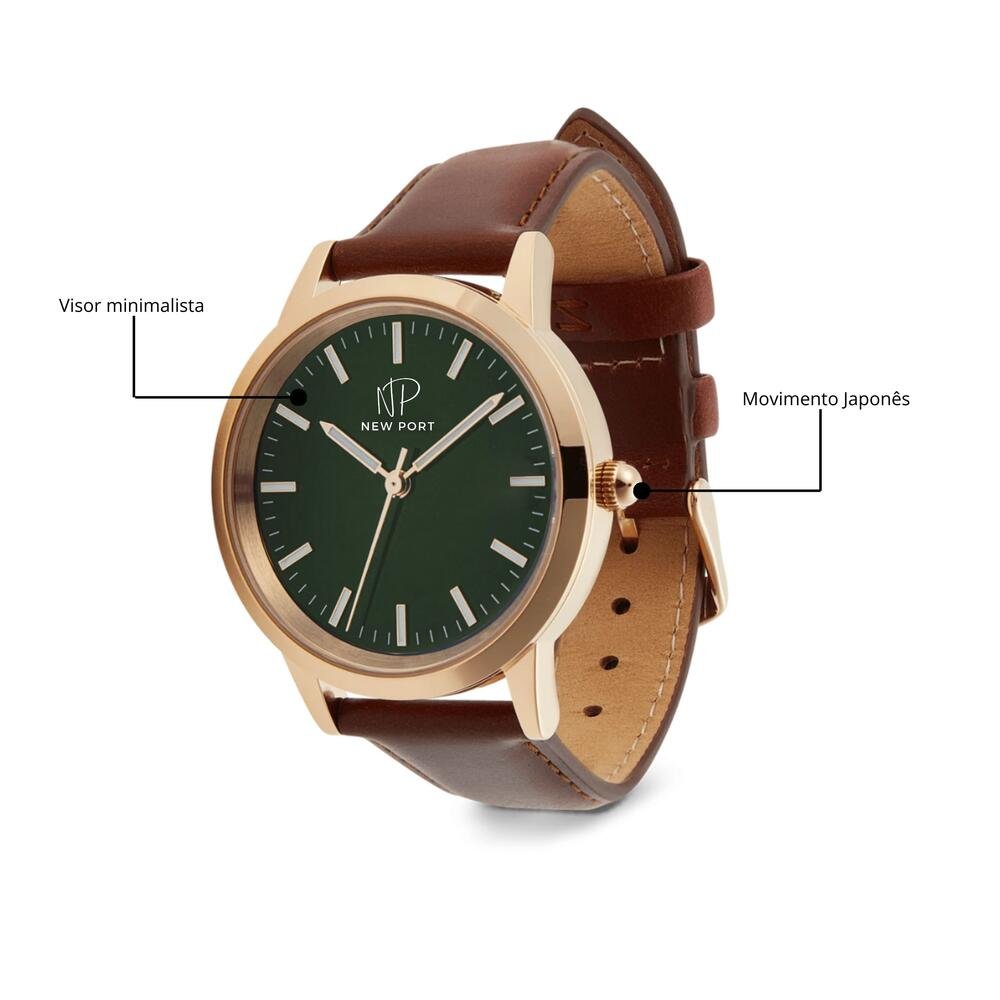 Relógio de Luxo Feminino Couro Marrom Casual New Port 40mm Dourado 4