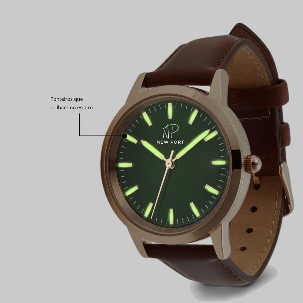 Relógio de Luxo Masculino Couro Marrom Casual New Port 40mm Dourado 6