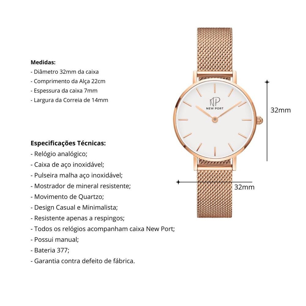 Relógio Feminino Analógico Casual Elegante Rosé New Port Rosé 3