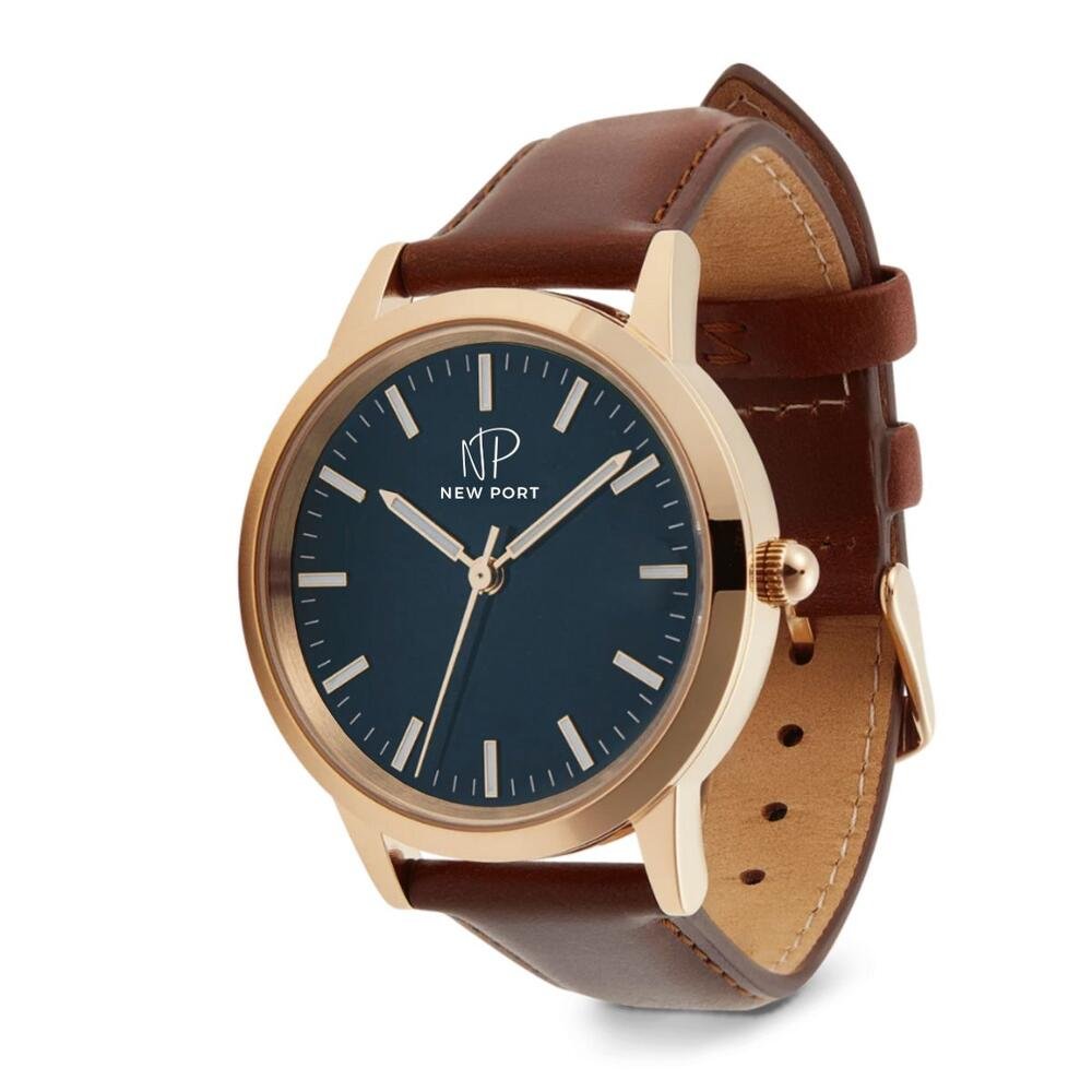Relógio Feminino Casual Rosê Pulseira Couro 40mm New Port Dourado 1