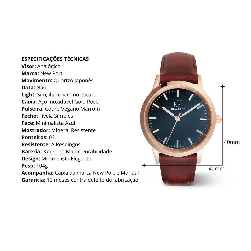 Relógio Feminino Casual Rosê Pulseira Couro 40mm New Port Dourado 3