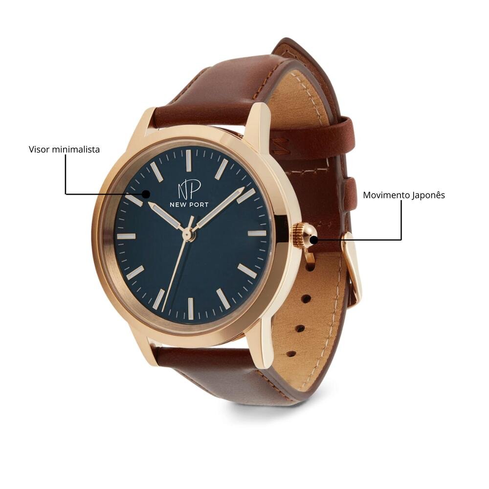 Relógio Feminino Casual Rosê Pulseira Couro 40mm New Port Dourado 4