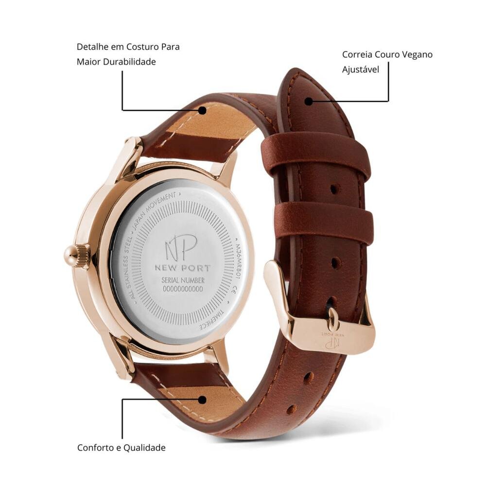Relógio Feminino Casual Rosê Pulseira Couro 40mm New Port Dourado 5