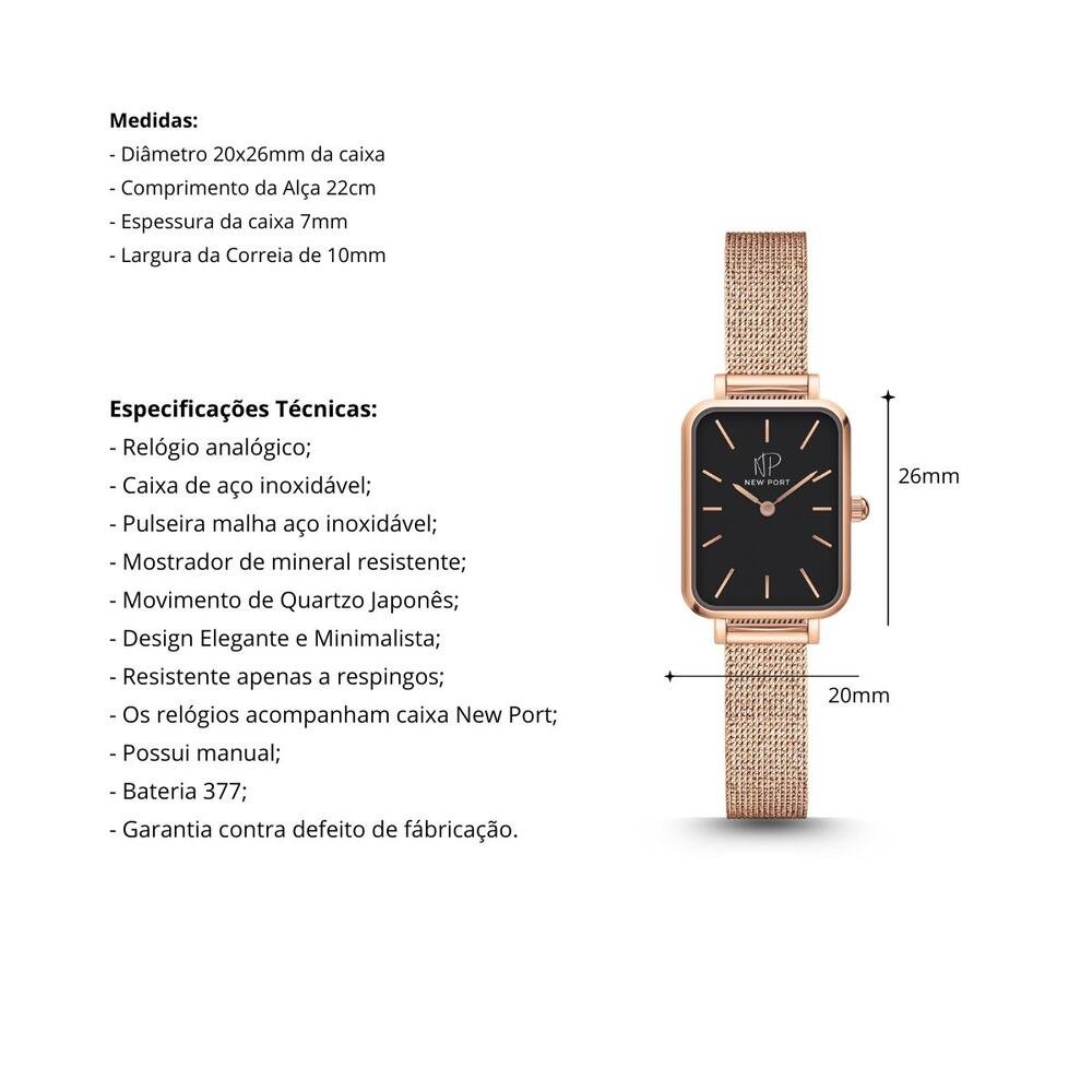 Relógio Feminino Quadrado Casual Elegante Analógico New Port Dourado 3