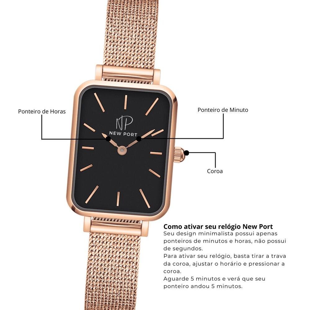 Relógio Feminino Quadrado Casual Elegante Analógico New Port Dourado 8