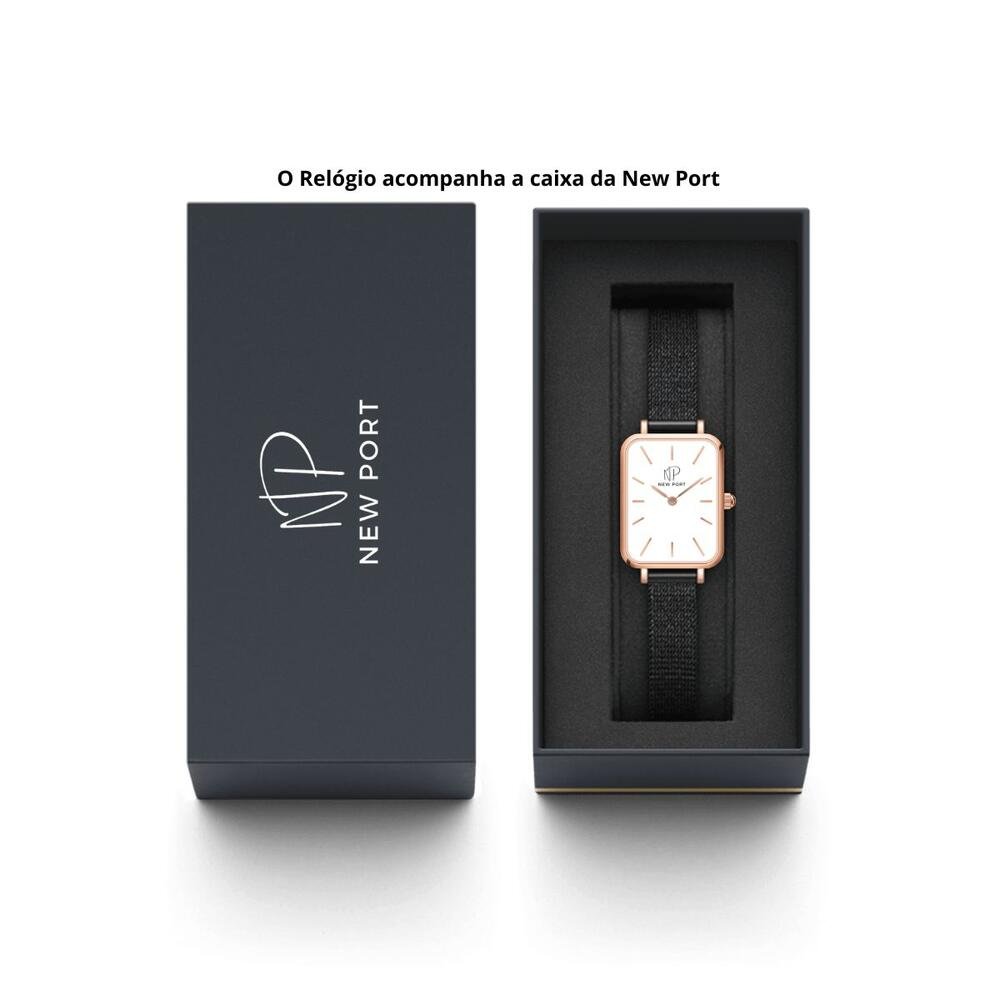 Relógio Feminino Quadrado Casual Elegante De Pulso New Port Preto 7