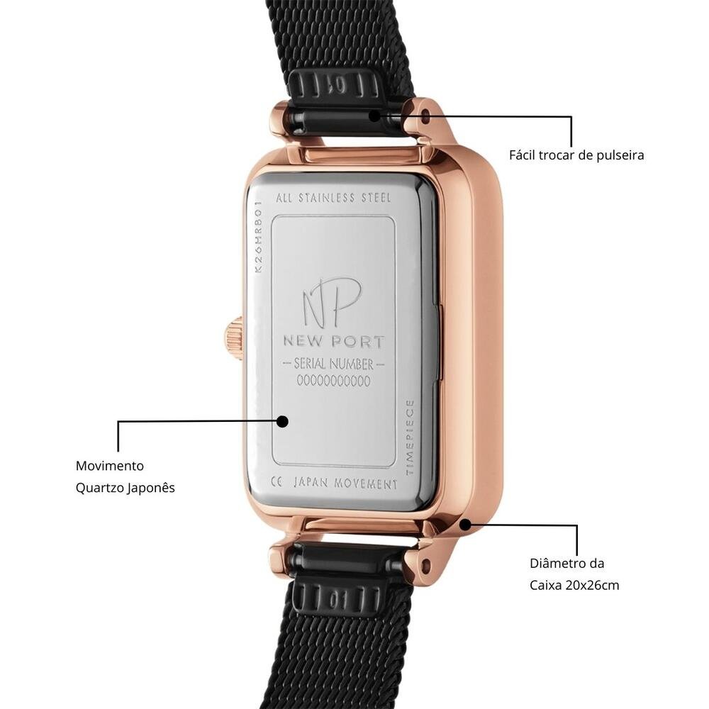 Relógio Feminino Quadrado Casual New Port + Bracelete Rose Rosé 6