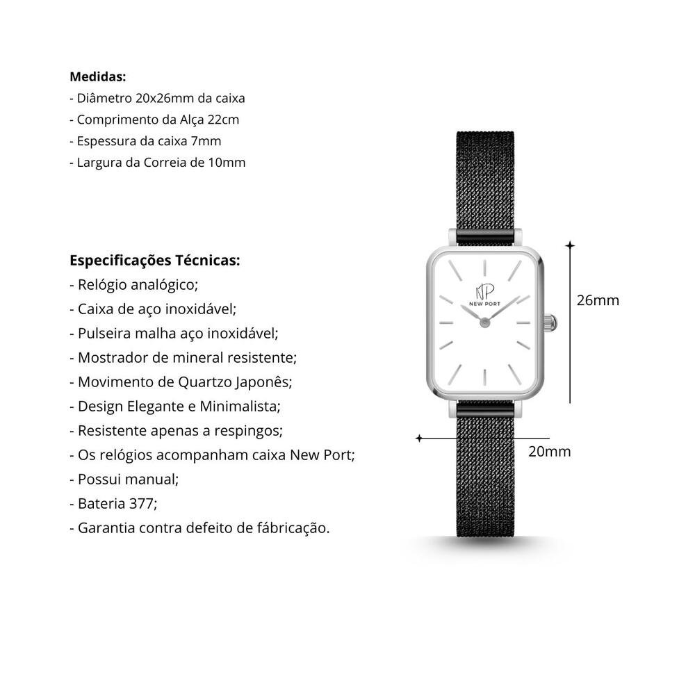 Relógio Feminino Quadrado Casual Preto + Bracelete Ajustável Preto 3