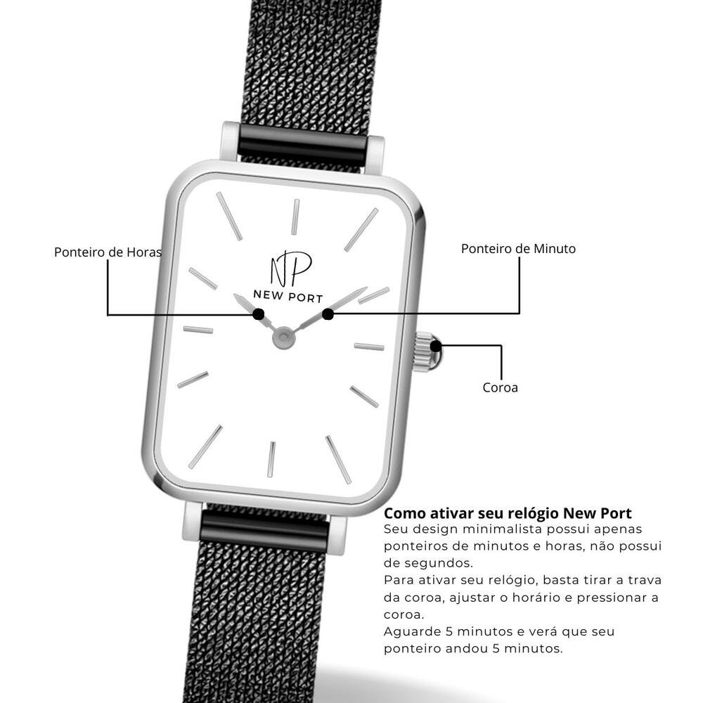 Relógio Feminino Quadrado Casual Preto + Bracelete Ajustável Preto 6