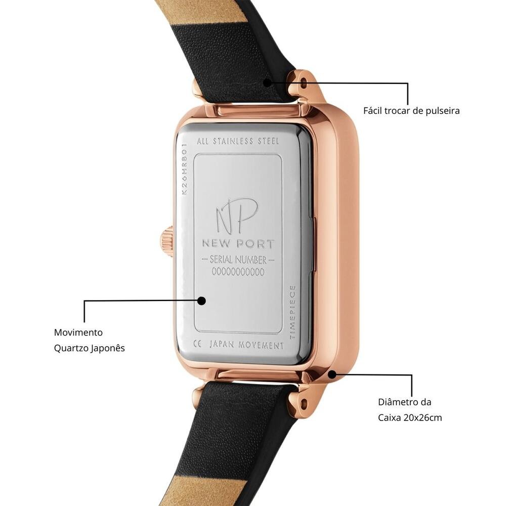 Relógio Feminino Quadrado Elegante Analógico Rosé New Port Rosé 5