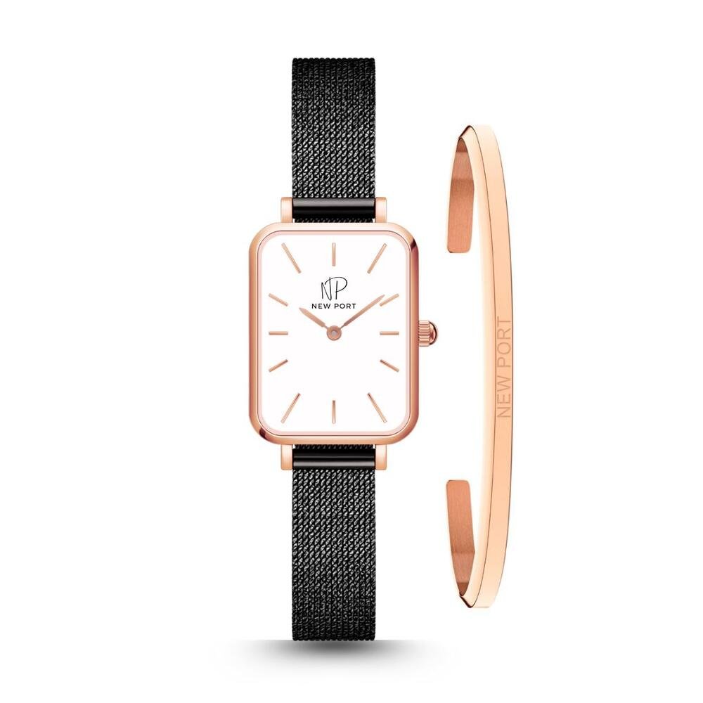 Relógio Feminino Quadrado Vermont Black + Bracelete Rosé