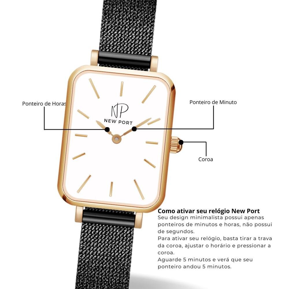 Relógio Feminino Quadrado Vermont Black + Bracelete Rosé Rosé 7