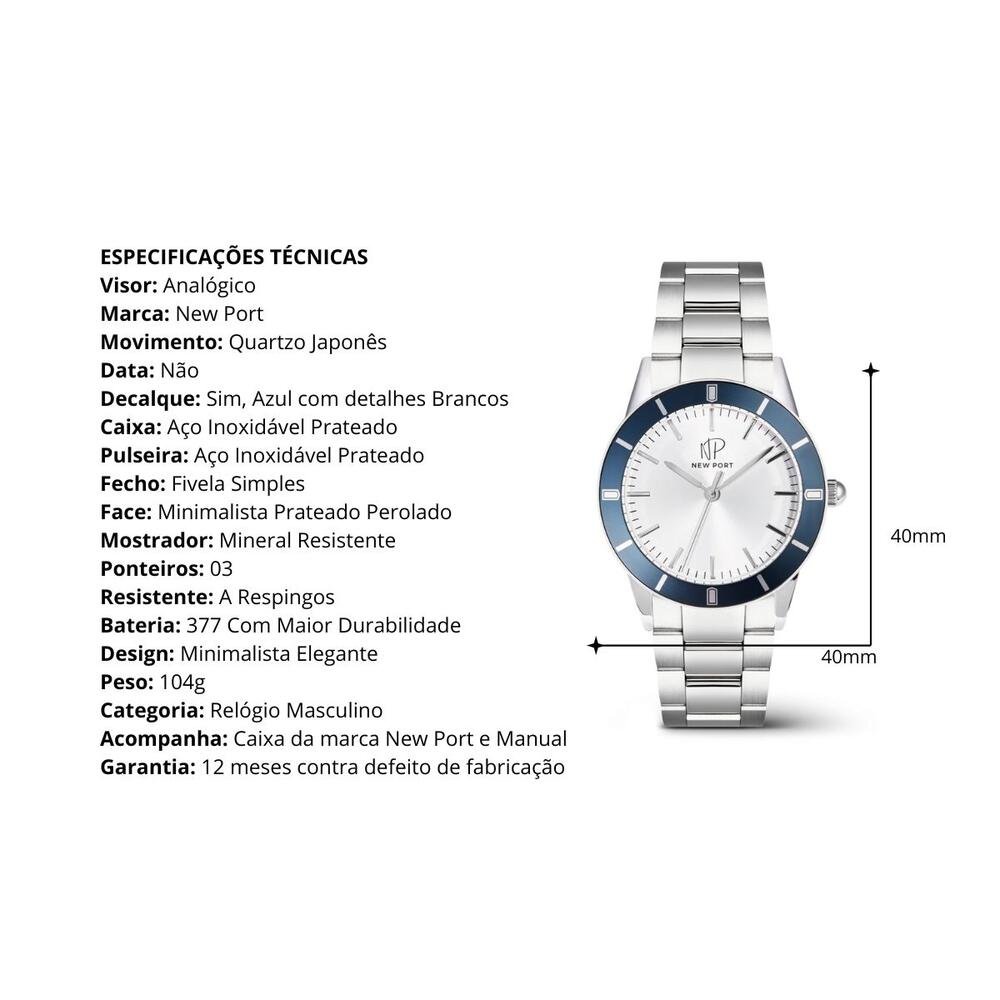 Relógio Masculino Azul Casual Elegante Analógico New Port Prata 3