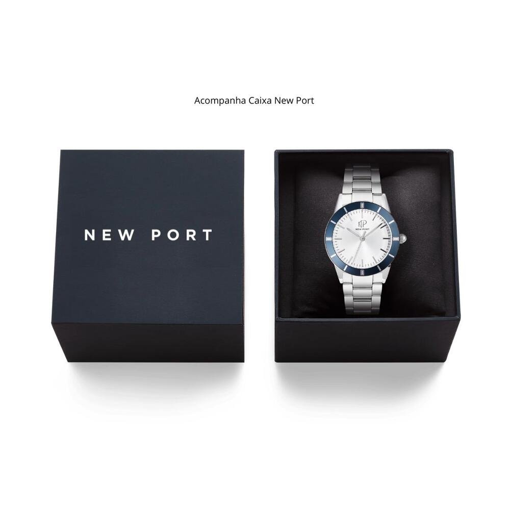 Relógio Masculino Azul Casual Elegante Analógico New Port Prata 6