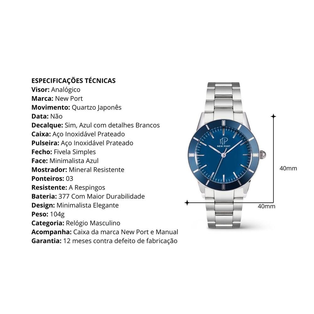 Relógio Masculino Azul Elegante Casual Analógico New Port Prata 2