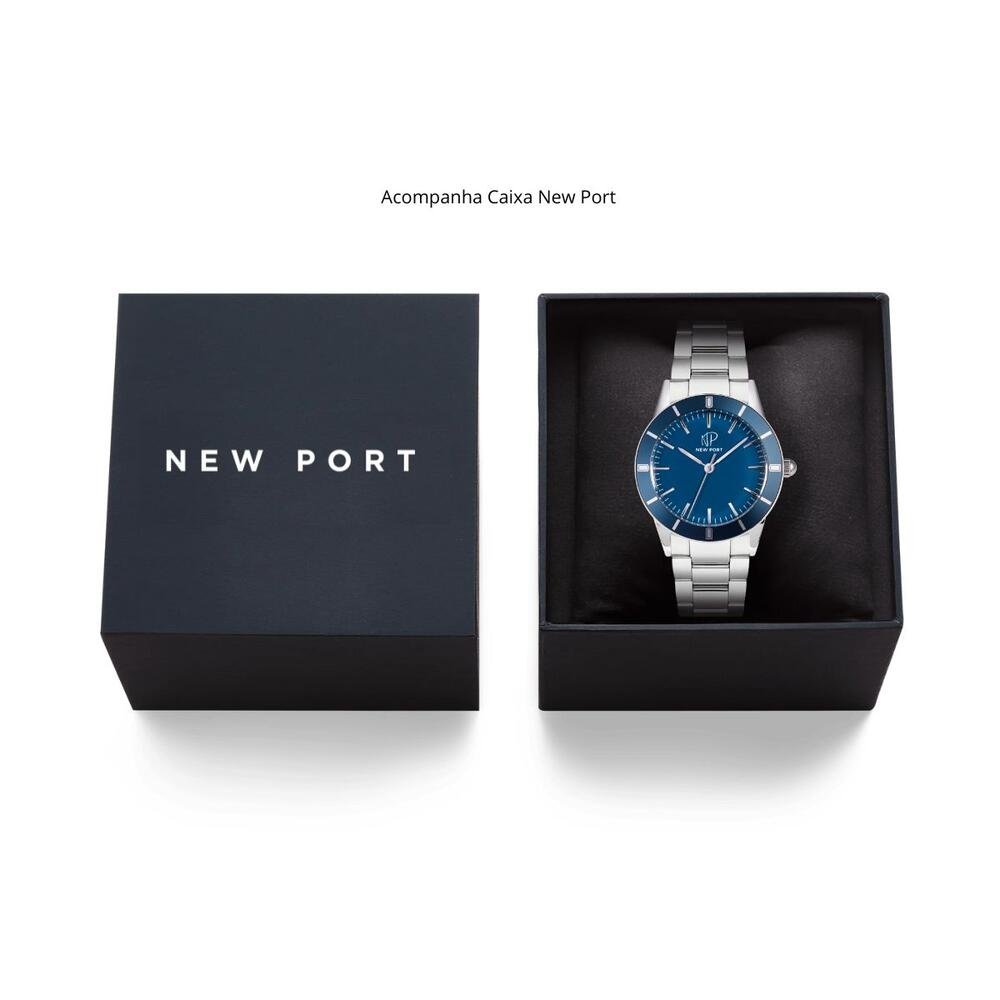 Relógio Masculino Azul Elegante Casual Analógico New Port Prata 6