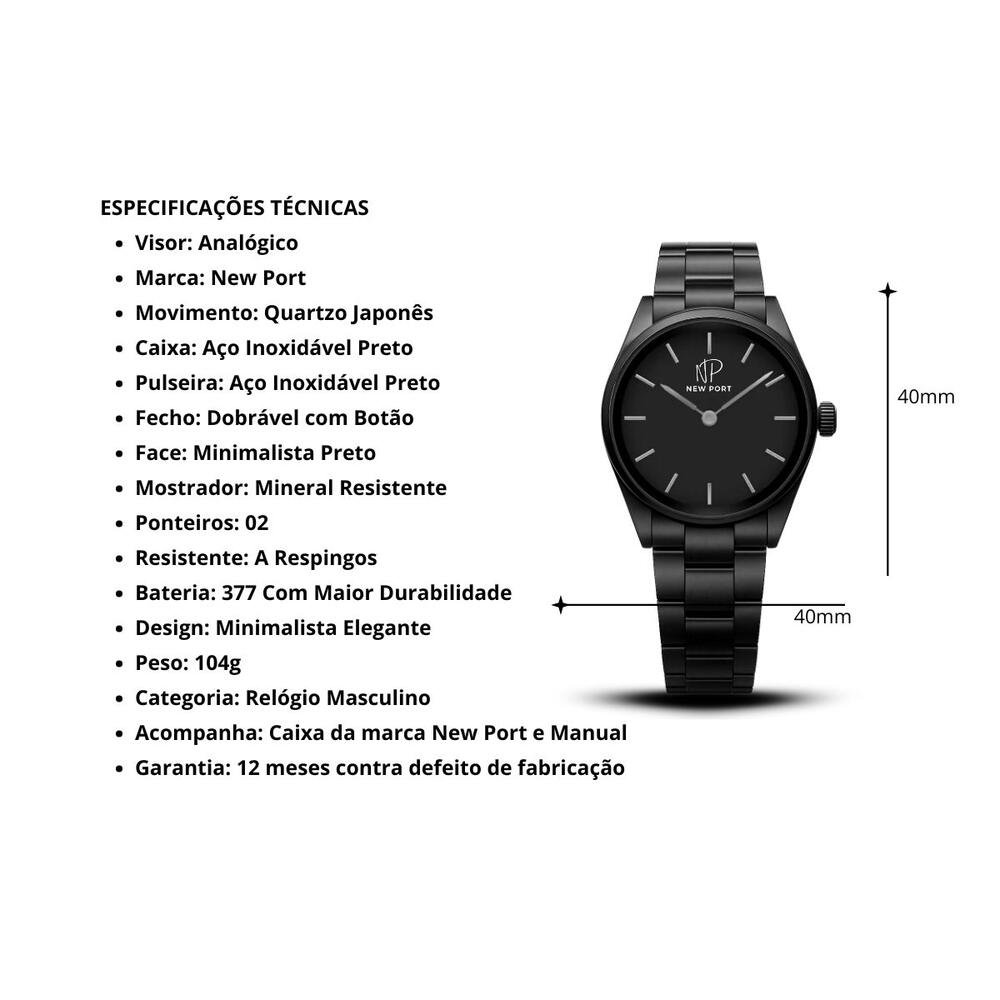 Relógio Masculino Casual Analógico Elegante Robusto New Port Preto 3