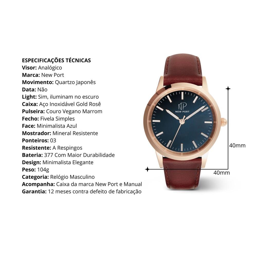 Relógio Masculino Casual Rosê Pulseira Couro New Port Dourado 3