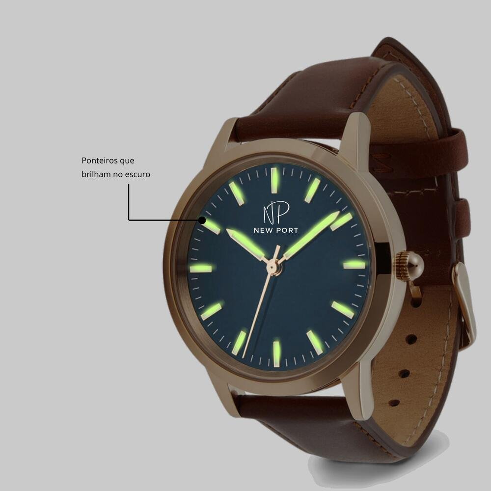 Relógio Masculino Casual Rosê Pulseira Couro New Port Dourado 6