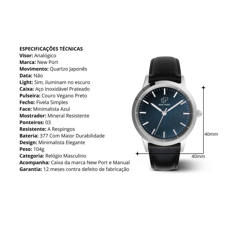 Relógio Masculino Couro Preto Analógico Casual New Port Dourado 3