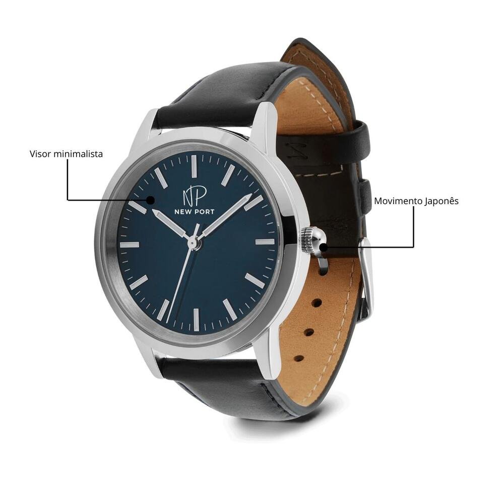 Relógio Masculino Couro Preto Analógico Casual New Port Dourado 4