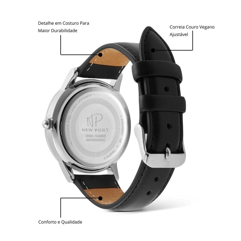 Relógio Masculino Couro Preto Analógico Casual New Port Dourado 5