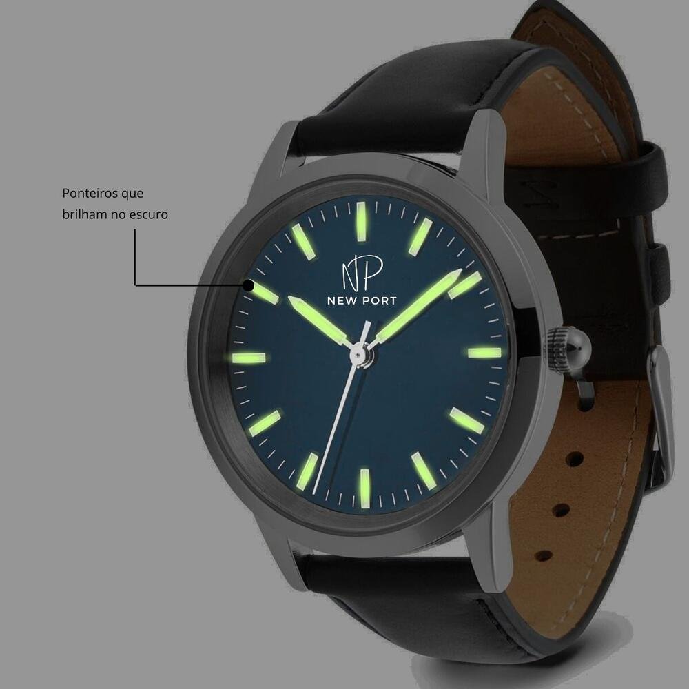 Relógio Masculino Couro Preto Analógico Casual New Port Dourado 6