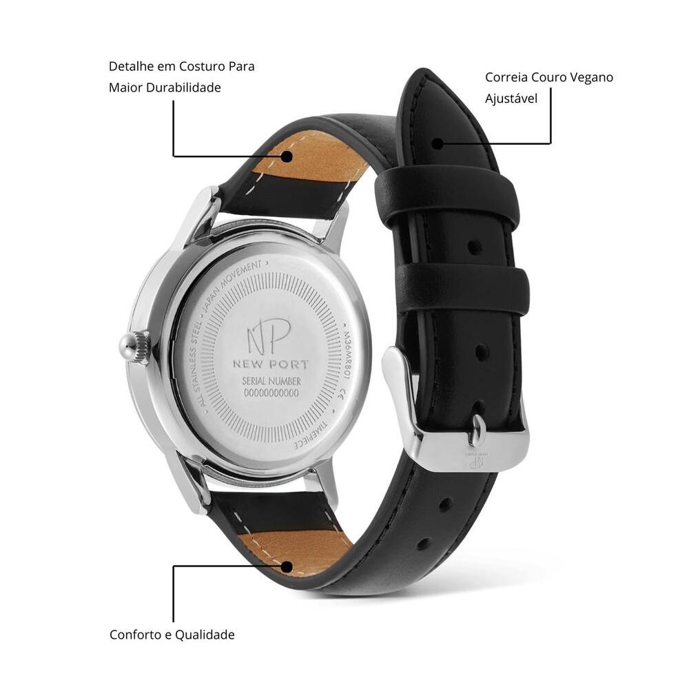 Relógio Masculino Elegante Prata Casual Clássico New Port Prata 5