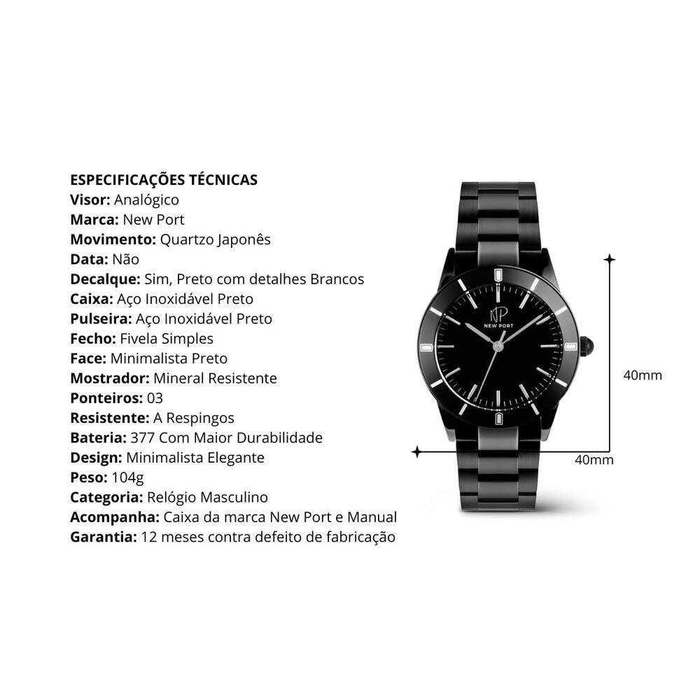 Relógio Masculino Preto Casual Analógico Elegante New Port Preto 3