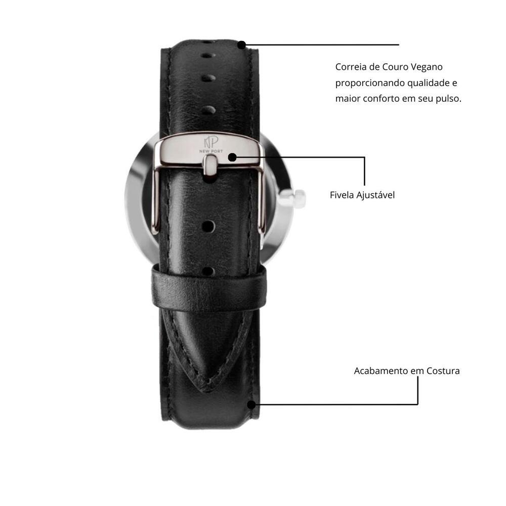 Relógio Masculino Preto Casual Couro Analógico 40mm Dourado 6