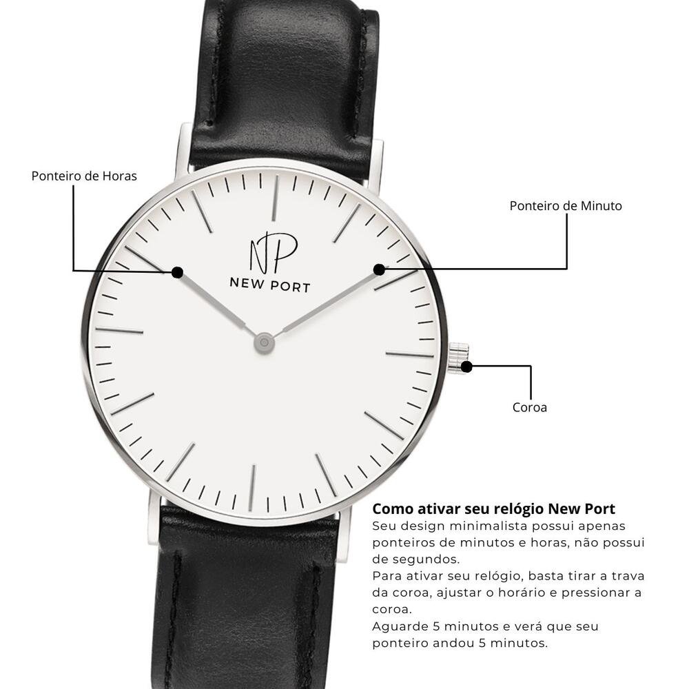 Relógio Masculino Preto Casual Couro Analógico 40mm