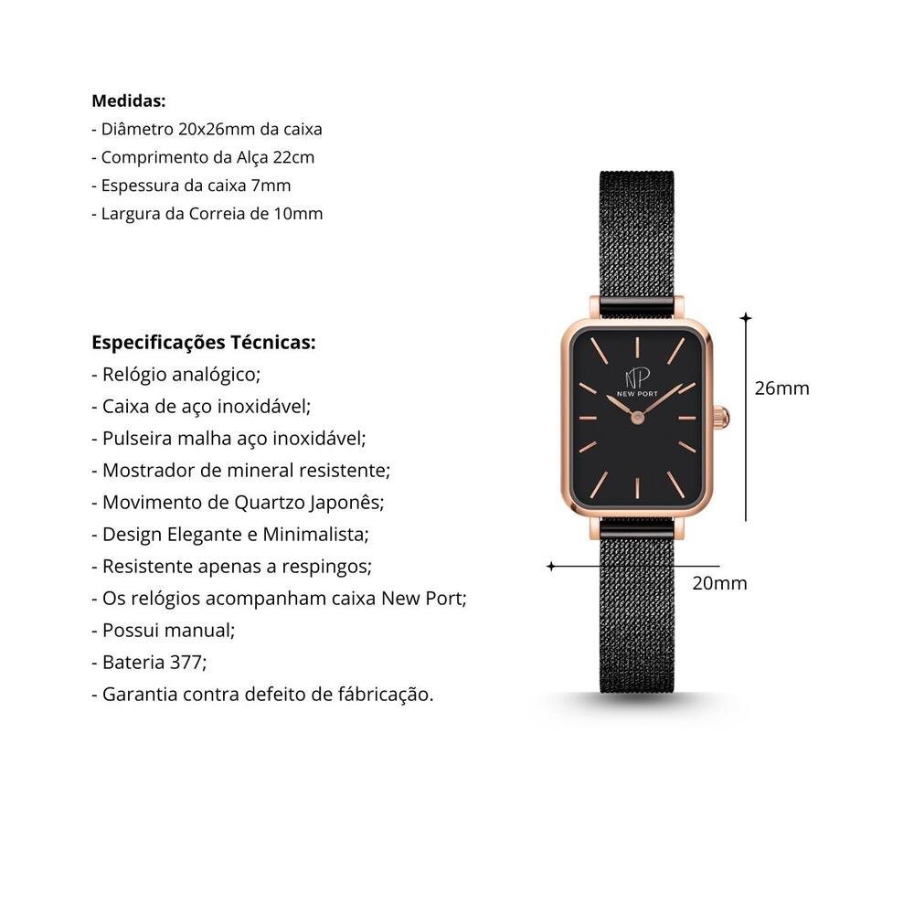 Relógio Feminino Quadrado Preto Casual New Port Preto 3