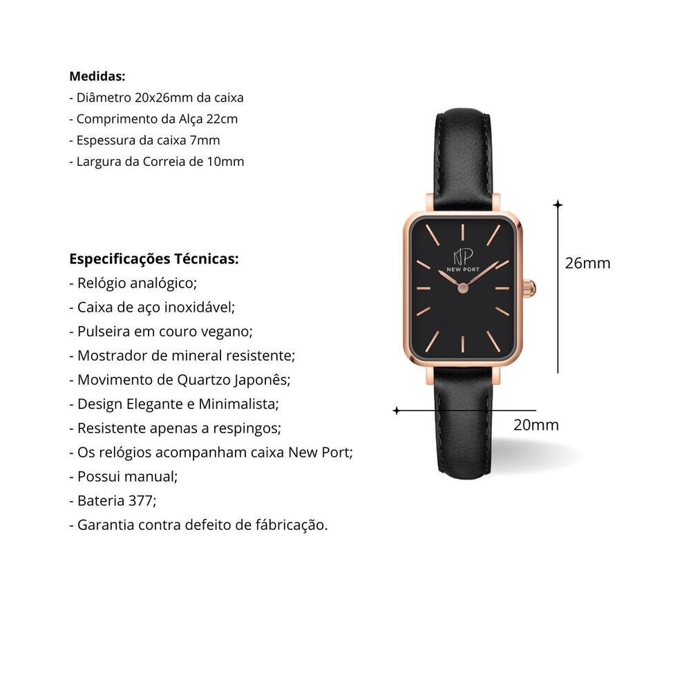 Relógio Feminino Quadrado Courino Casual New Port Preto 3
