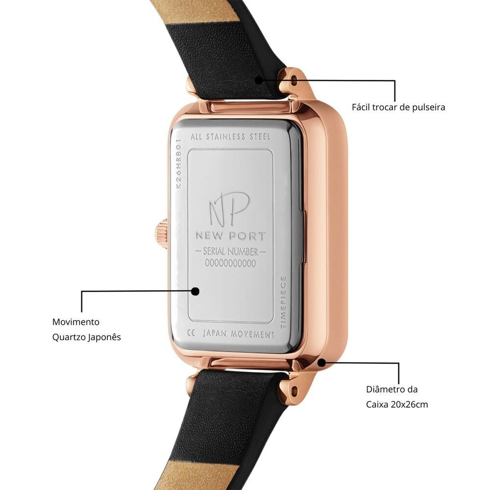 Relógio Feminino Quadrado Courino Casual New Port Preto 5